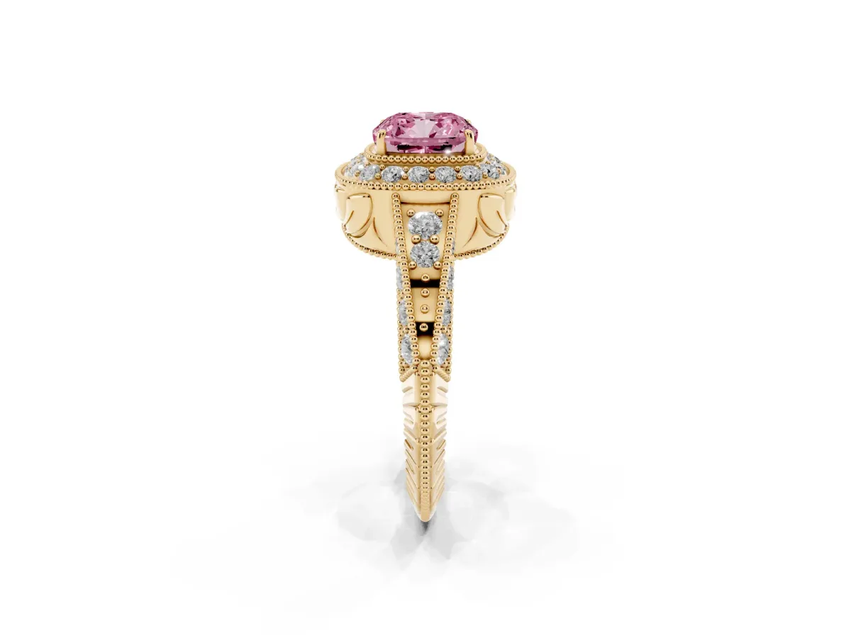 Fancy Pink Cushion Cut Halo Diamond Split Shank Ring with Milgrain Detail Yellow gold