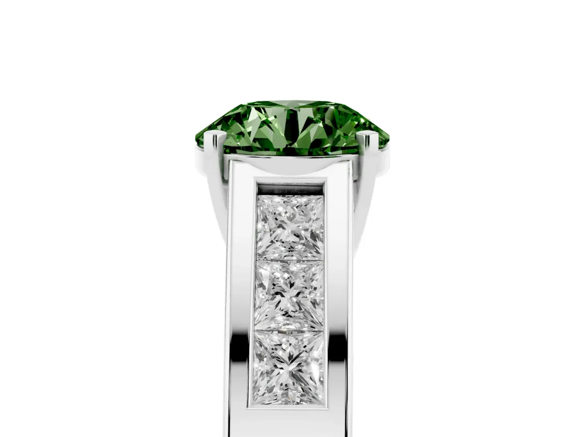 Fancy Green Round Cut Cut Channel Set Solitaire Ring with Four-Prong Setting Silver