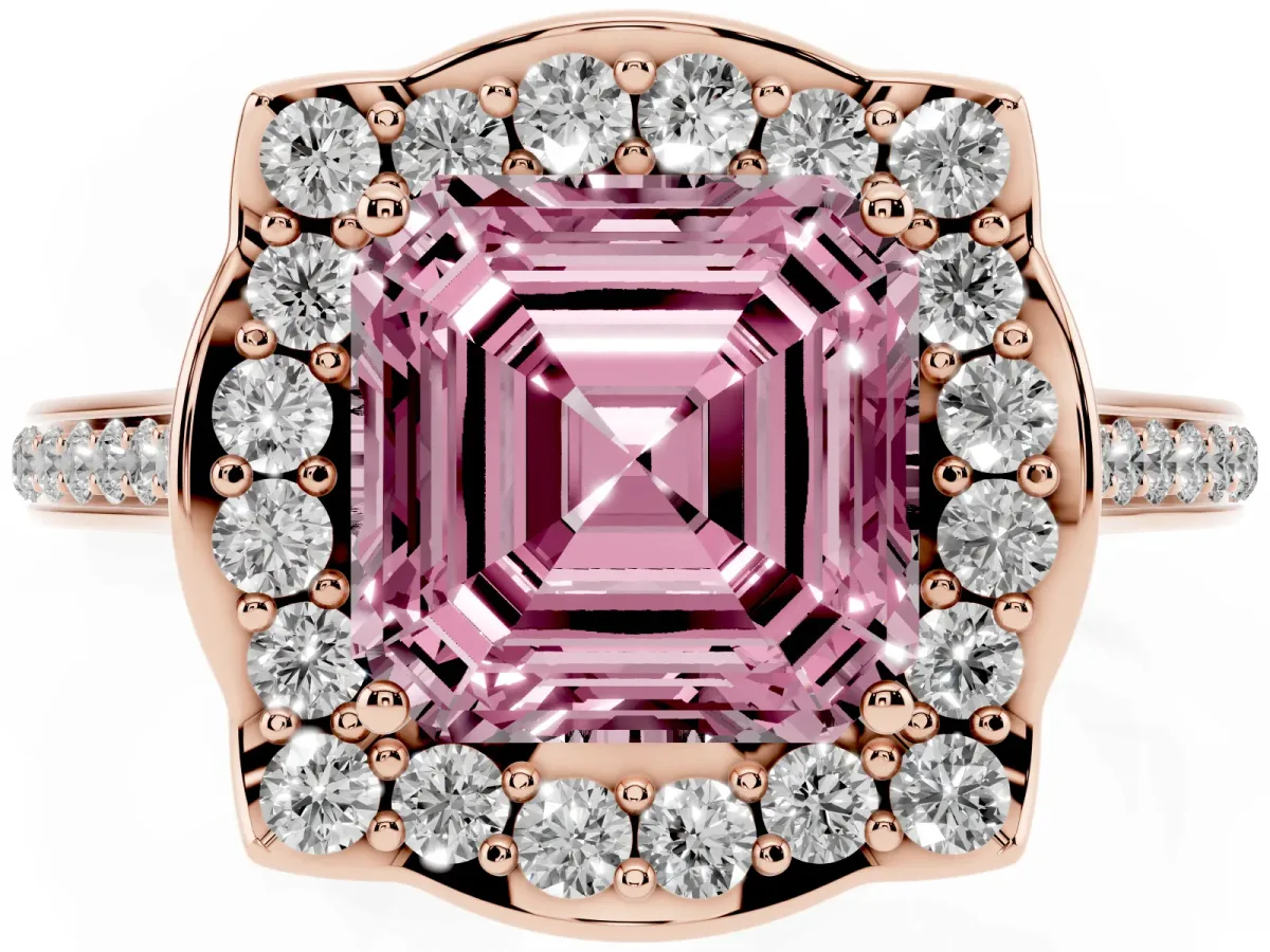 Fancy Pink Asscher Cut Halo Round Diamond Pave Band with Four-Prong Setting Rose gold