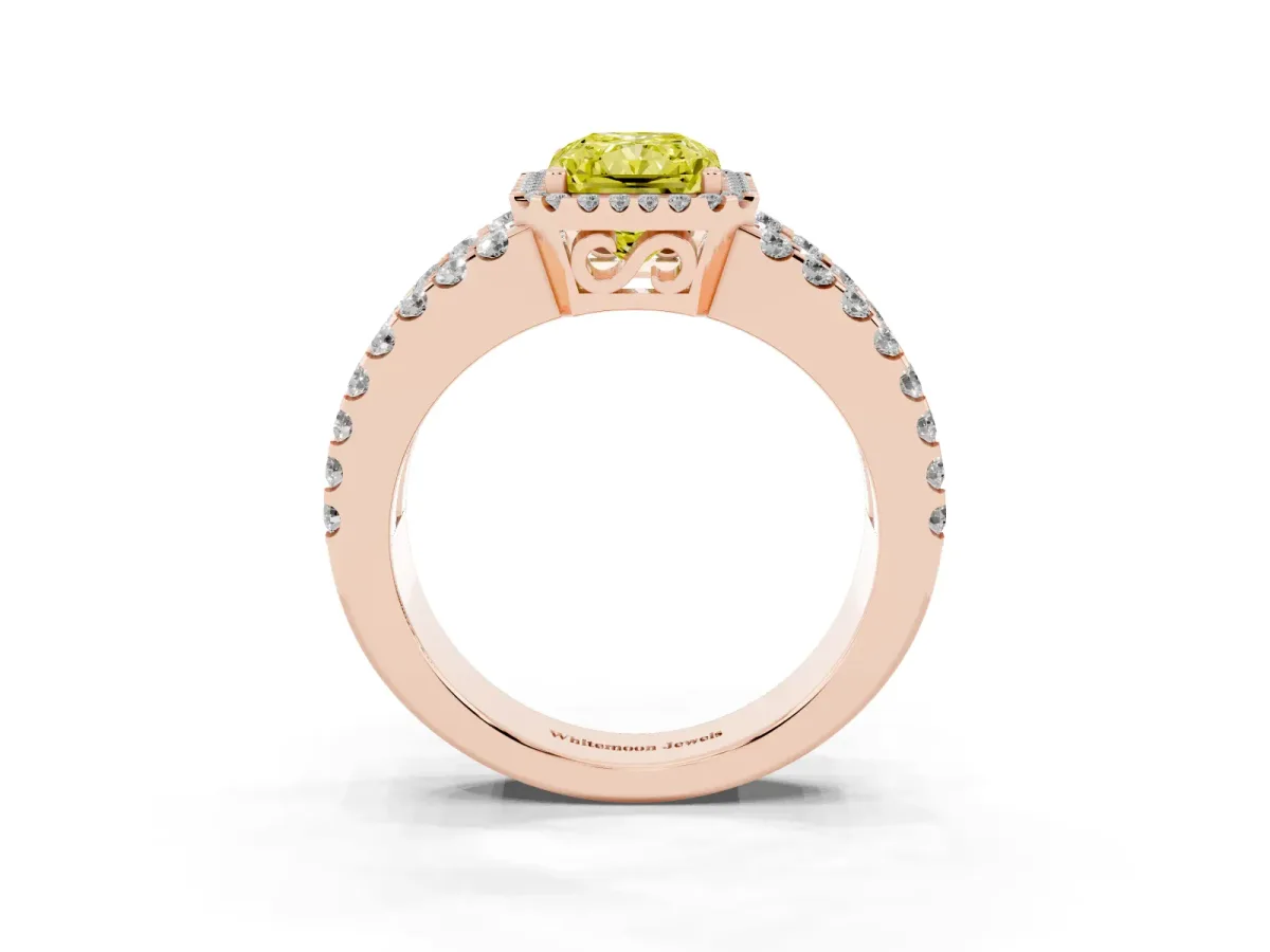 Fancy Yellow Radiant Cut Cut Halo Split Shank Diamond Ring with Four-Prong Setting Rose gold