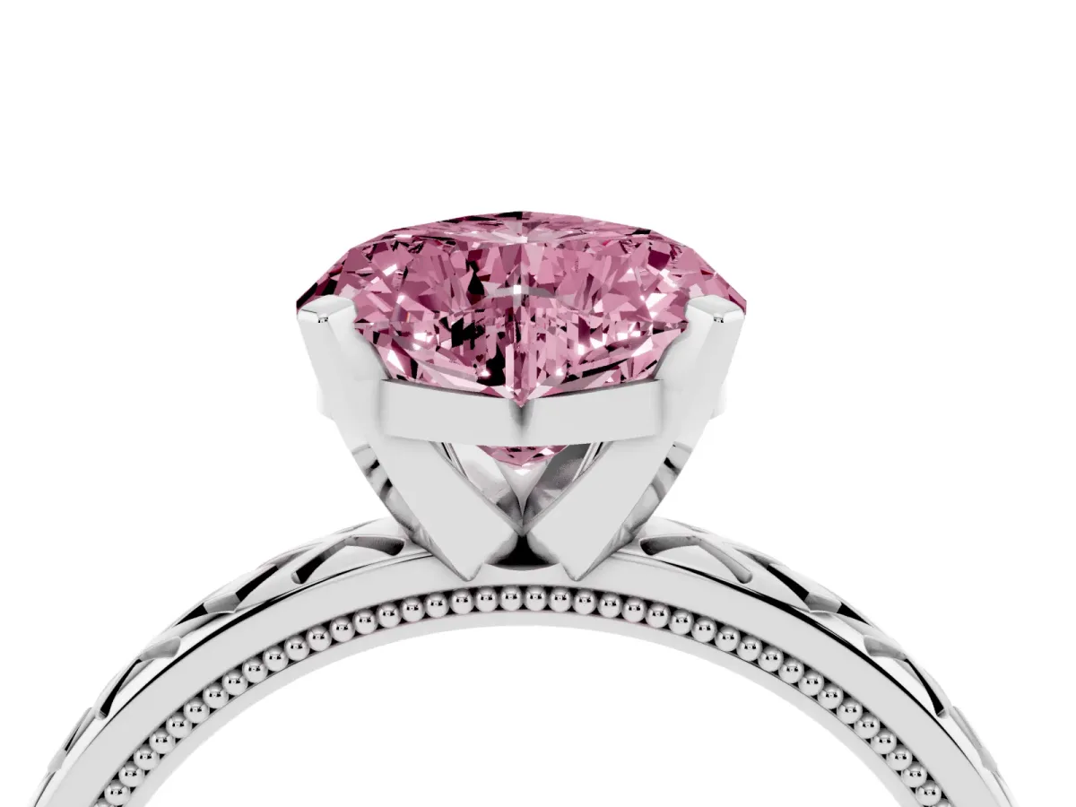 Fancy Pink Heart Cut Solitaire Diamond Ring with Milgrain and Black Enamel X Pattern Band Silver