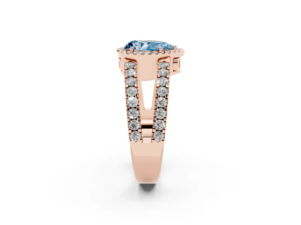 Fancy Blue Pear Cut Cut Halo Split Shank Diamond Ring with Four-Prong Setting Rose gold