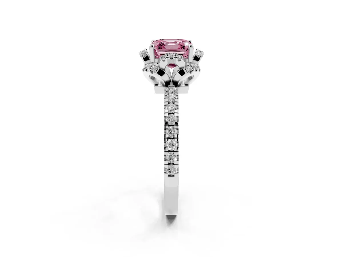 Fancy Pink Asscher Cut Diamond Halo Pave Band with Four-Prong Setting White gold
