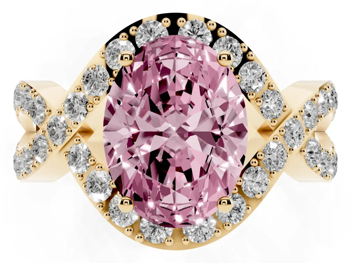 Fancy Pink Oval Cut Solitaire Twist Band Pavé Diamond Engagement Ring Yellow gold