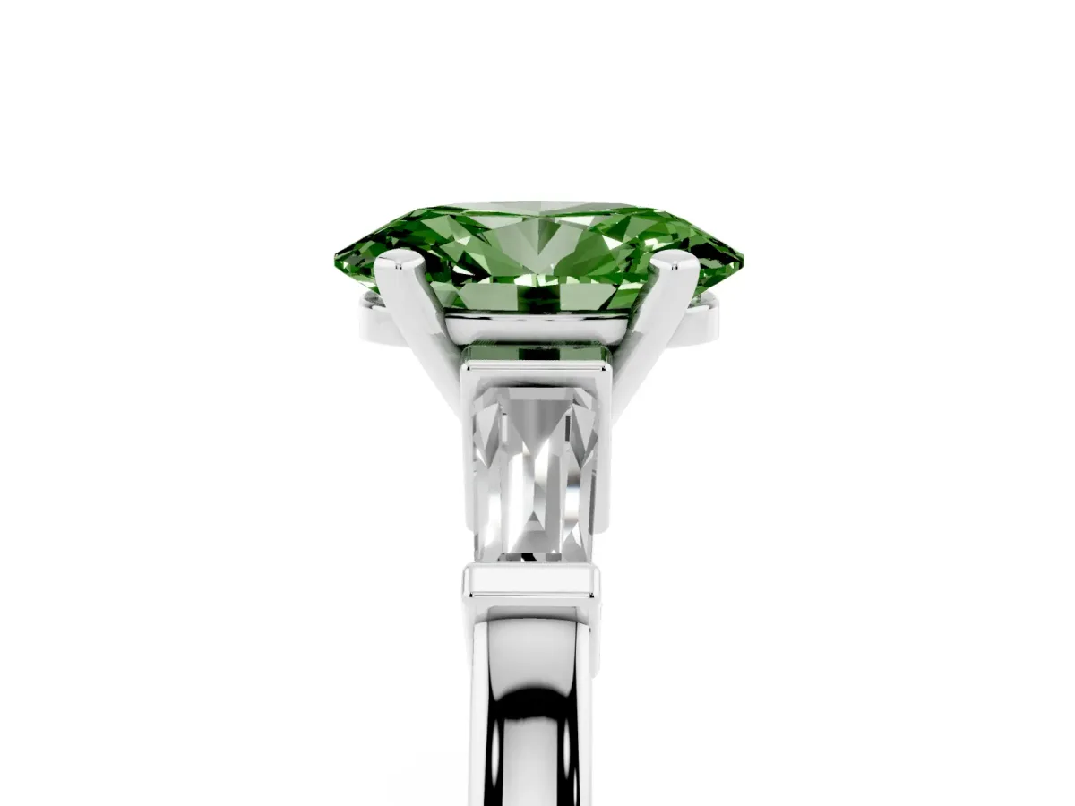 Fancy Green Oval Cut Cut Diamond Solitaire Ring with Tapered Baguette Accents and Four-Prong Setting Platinum