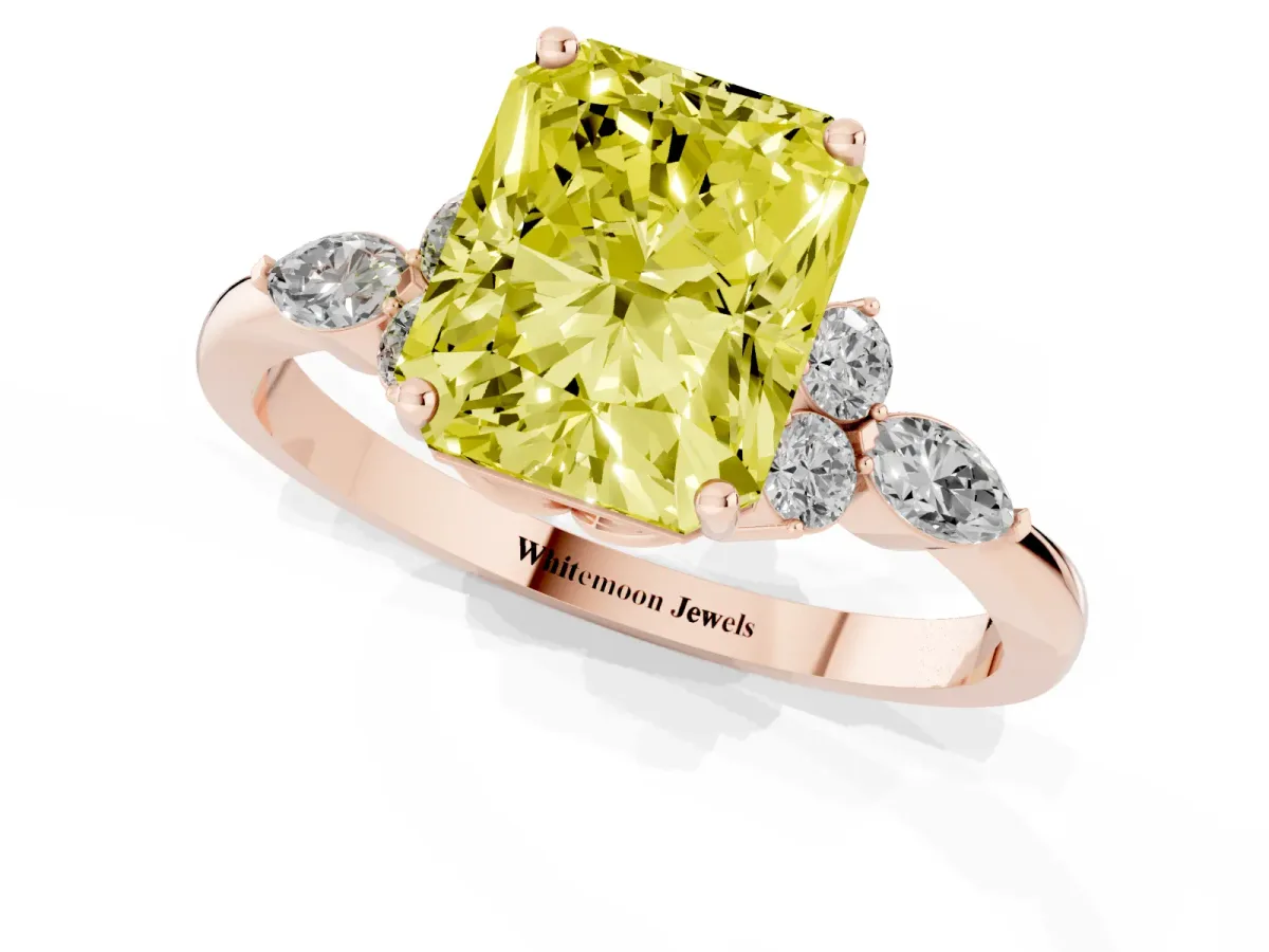 Fancy Yellow Radiant Cut Brilliant Diamond Solitaire Ring with Pear Side Stones and Four-Prong Setting Rose gold