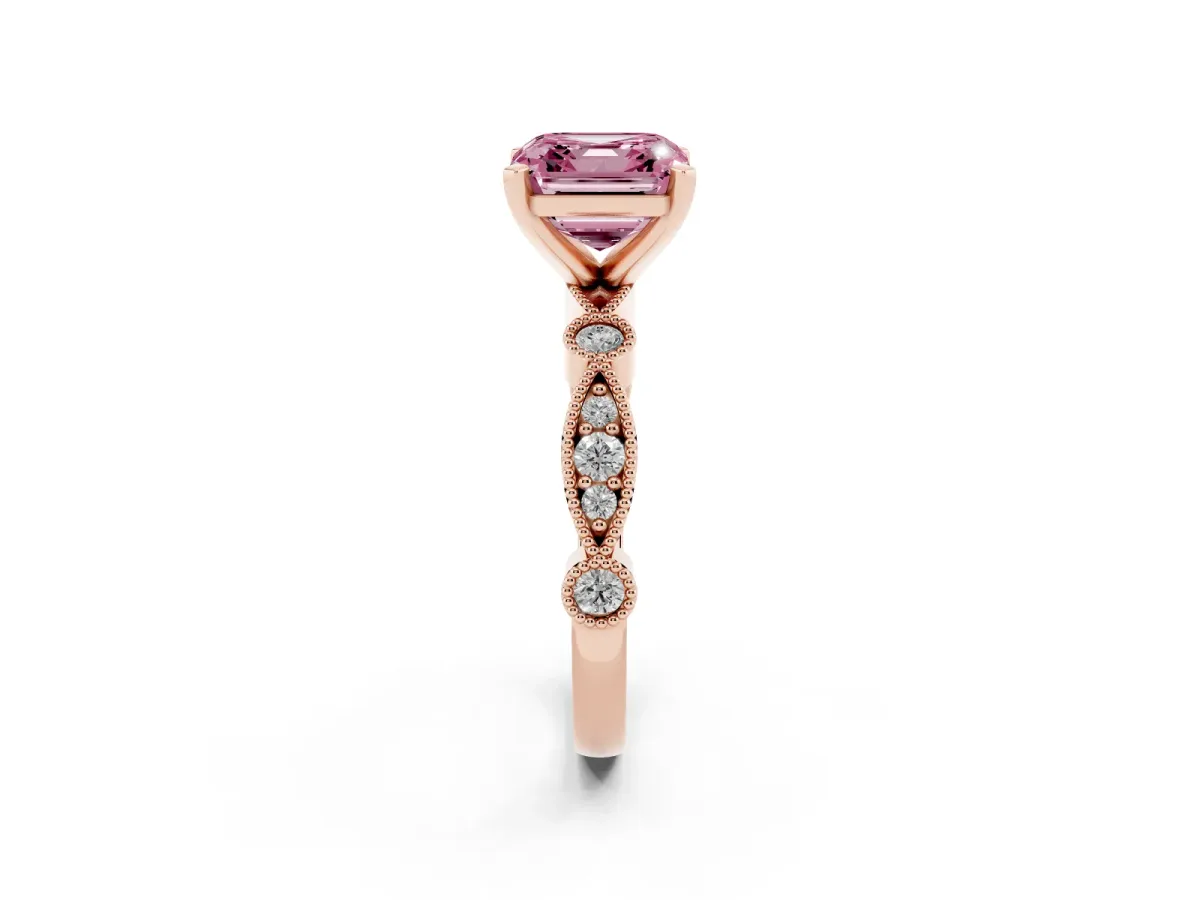 Fancy Pink Asscher Cut Milgrain Bezel Diamond Engagement Ring with Solitaire Prong Setting Rose gold