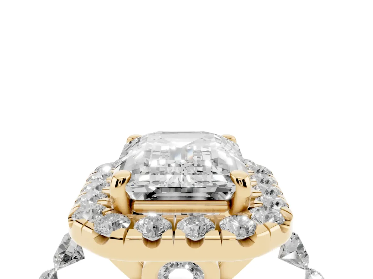 Emerald Cut Halo Pavé Diamond Engagement Ring with Four-Prong Setting Yellow gold