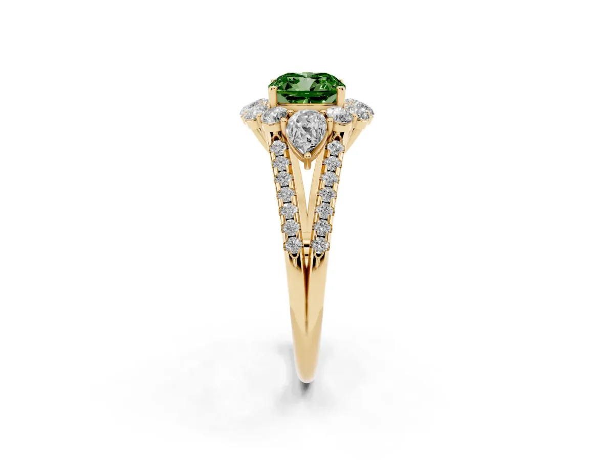 Fancy Green Cushion Cut Halo Split Shank Diamond Engagement Ring with Prong Setting Yellow gold