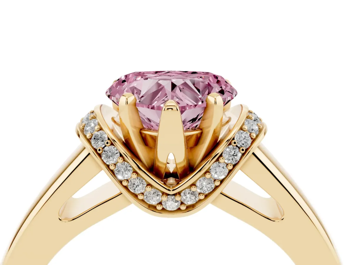 Fancy Pink Heart Cut Solitaire Diamond Ring with Pave Band and Six-Prong Setting Yellow gold