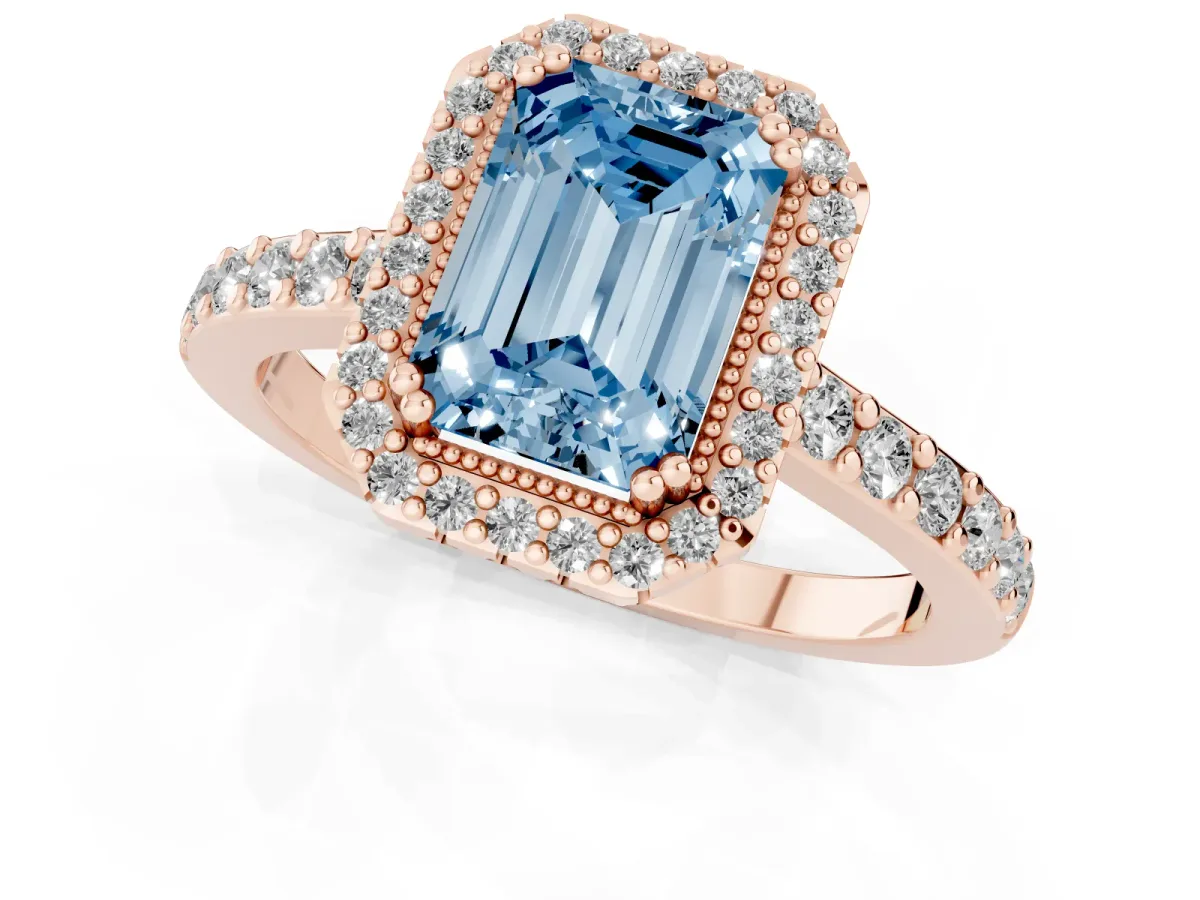 Fancy Blue Emerald Cut Cut Diamond Halo Engagement Ring with Milgrain Detail and Pavé Band Rose gold