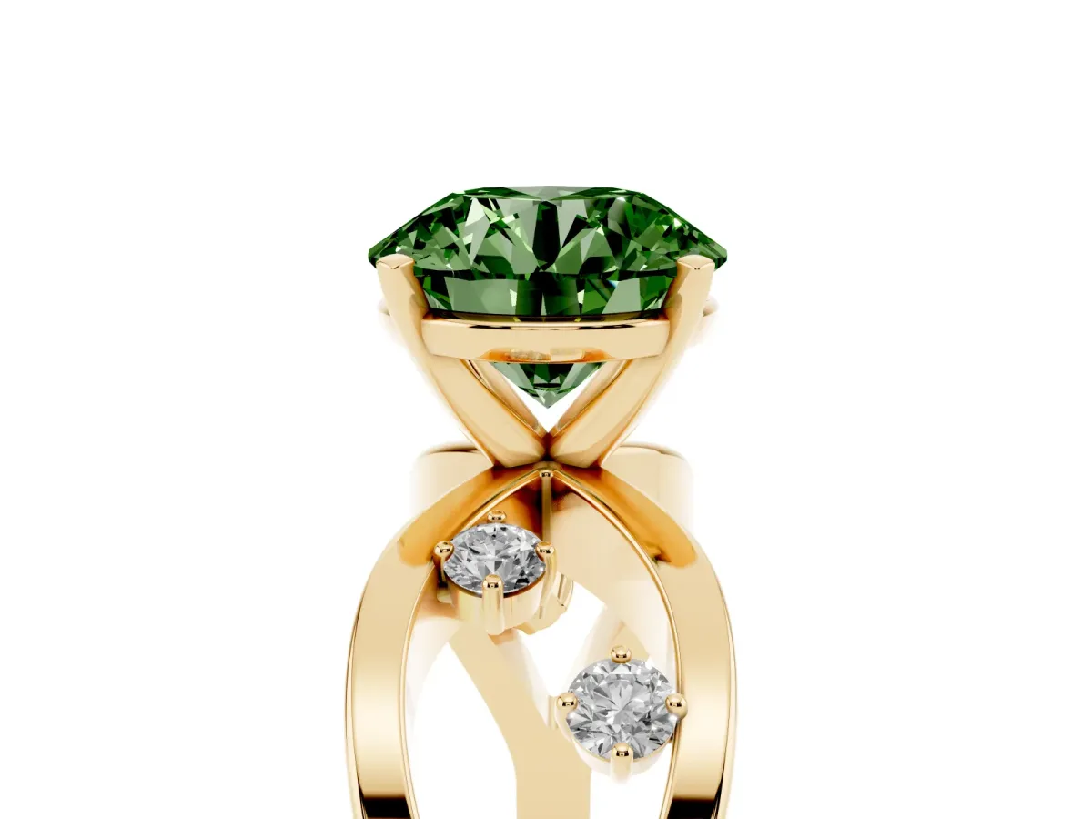 Fancy Green Round Cut Cut Solitaire Diamond with Side Stones on Criss-Cross Band and Four-Prong Setting Yellow gold