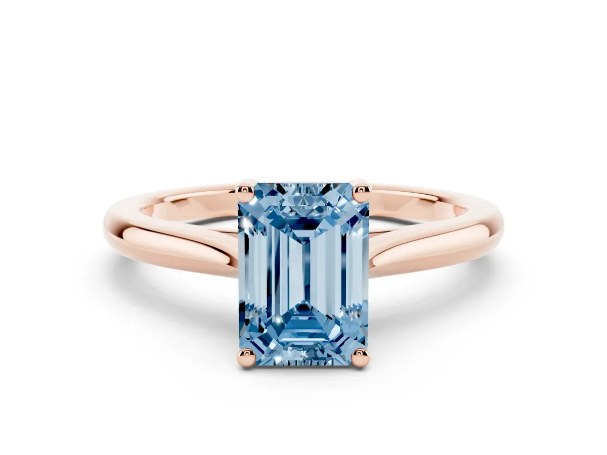 Fancy Blue Emerald Cut Cut Solitaire Ring with Cathedral Band and Four-Prong Setting Rose gold