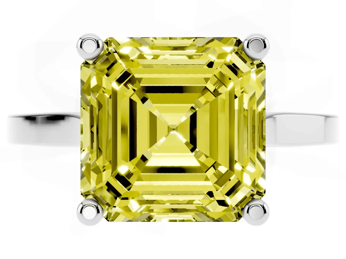 Fancy Yellow Asscher Cut Solitaire Diamond Ring with Four-Prong Setting and Tapered Band Silver