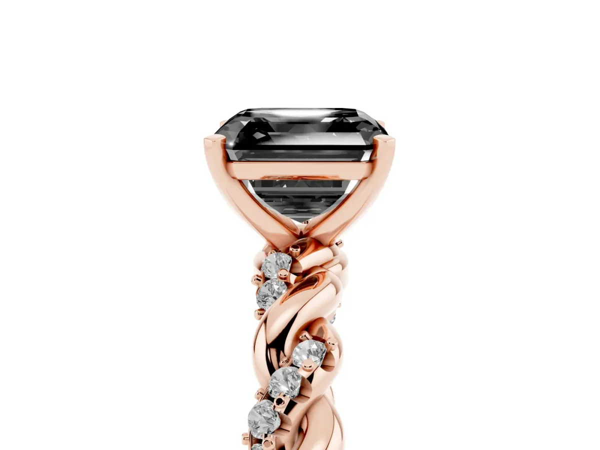 Fancy Black Asscher Cut Diamond Solitaire Ring with Twisted Band and Pavé Accents Rose gold