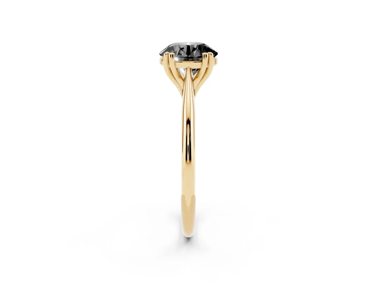 Fancy Black Round Cut Solitaire Diamond Ring with Six-Prong Setting and Classic Band Yellow gold