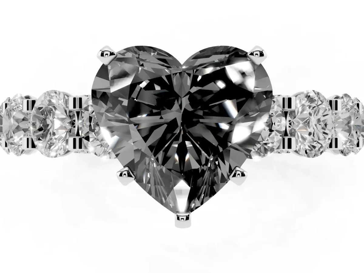 Fancy Black Heart Cut Diamond Side Stone Engagement Ring with Four-Prong Setting Silver