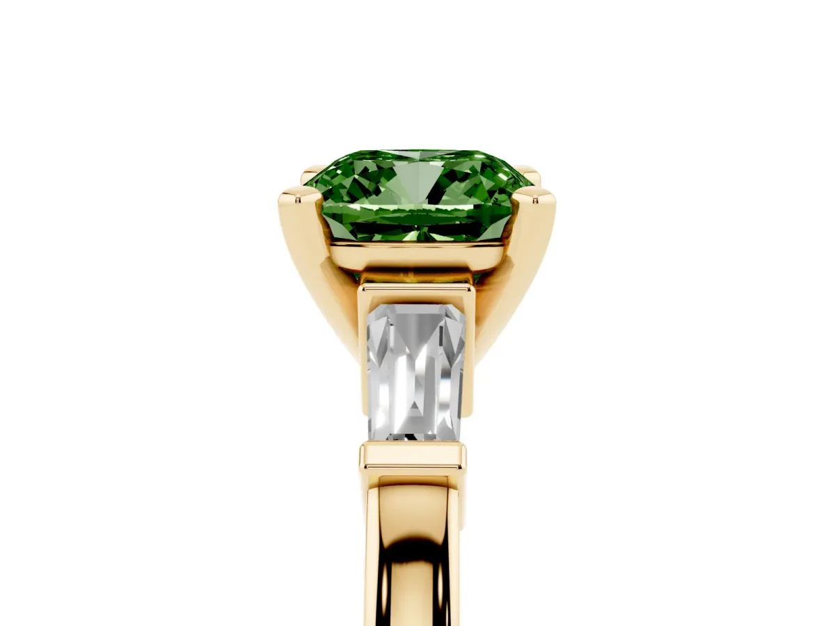 Fancy Green Cushion Cut Cut Diamond Solitaire Ring with Tapered Baguette Accents and Four-Prong Setting Yellow gold