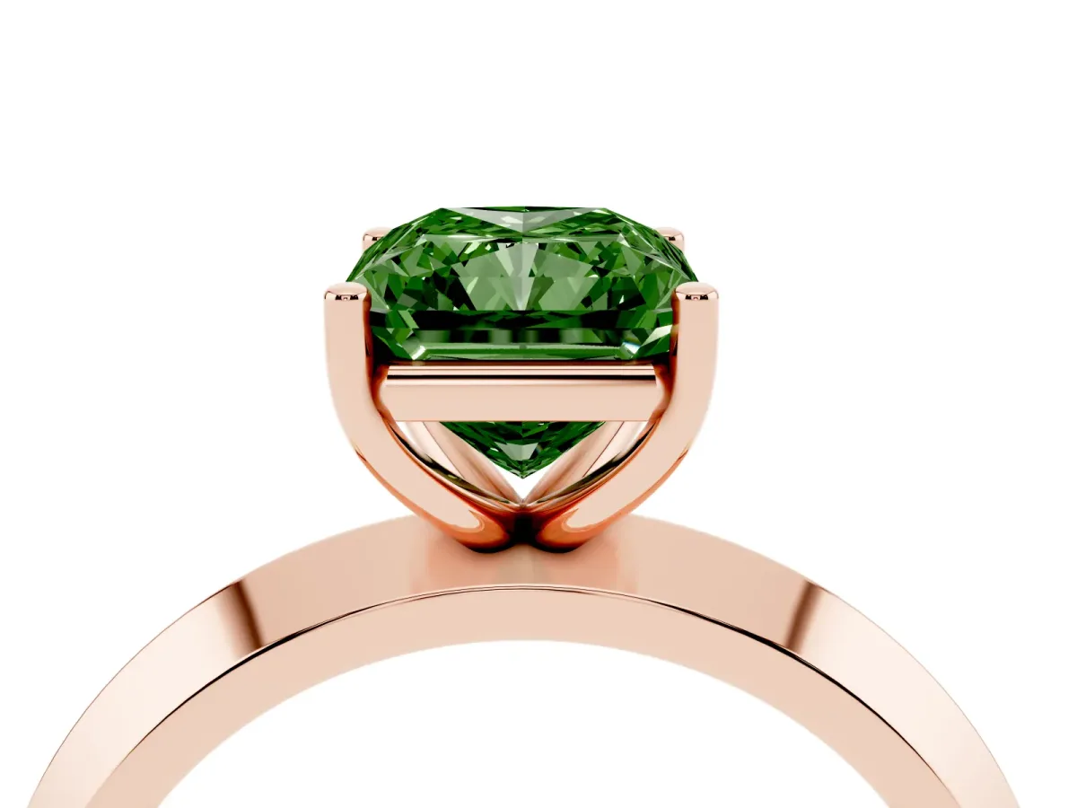 Fancy Green Radiant Cut Cut Solitaire Engagement Ring with Flat Band and Four-Prong Setting Rose gold