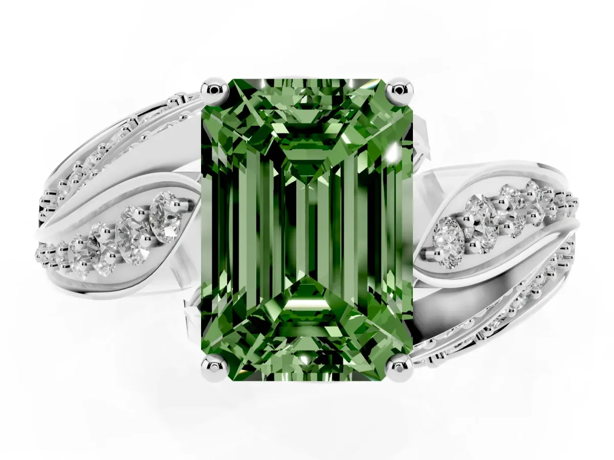 Fancy Green Emerald Cut Diamond Solitaire Ring with Prong Setting and Twisted Pavé Band Silver