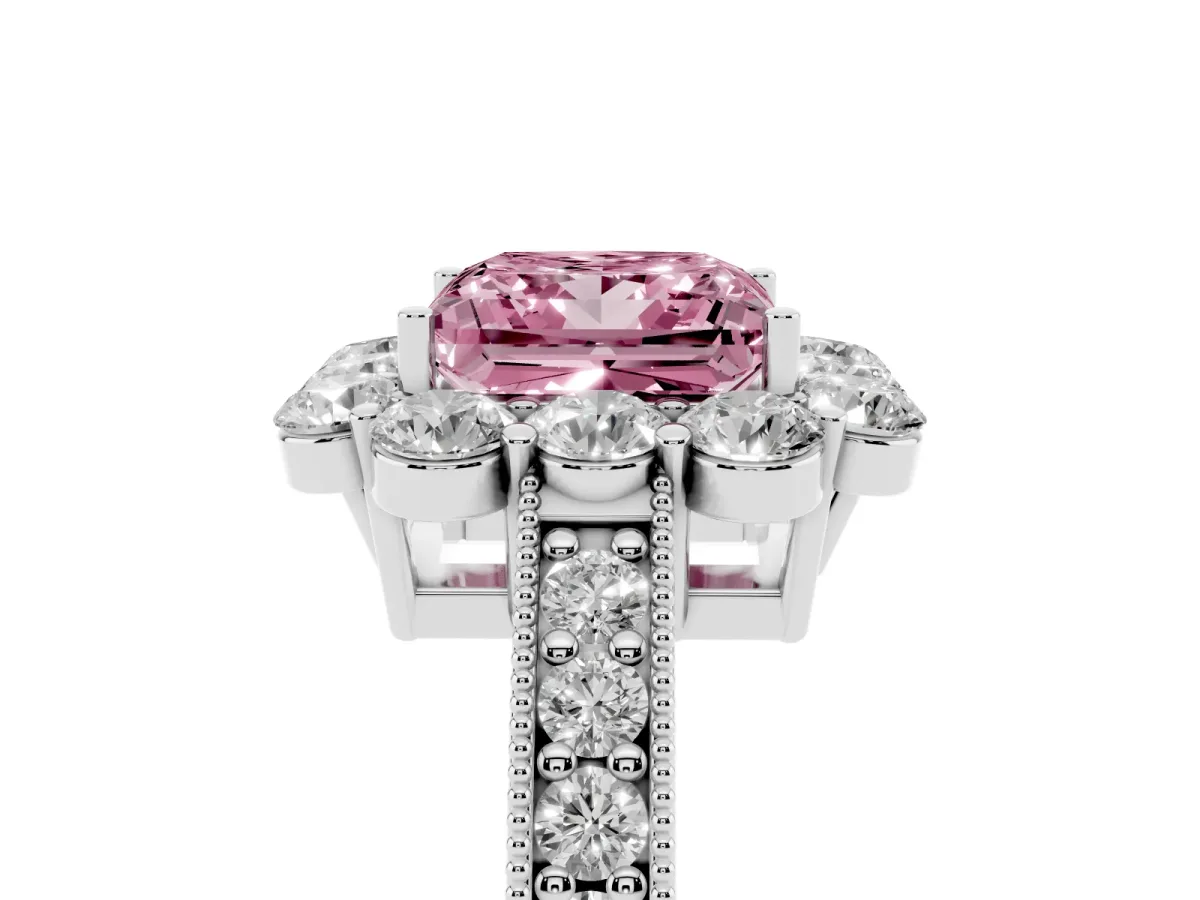 Fancy Pink Princess Cut Cut Halo Diamond Pavé Engagement Ring with Milgrain Detailing White gold