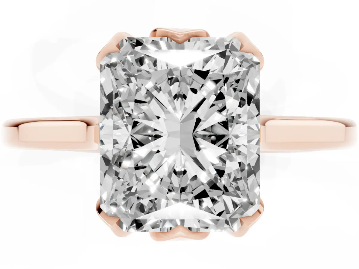 Radiant Cut Diamond Solitaire Ring with Flower Prong Setting and Classic Band Rose gold