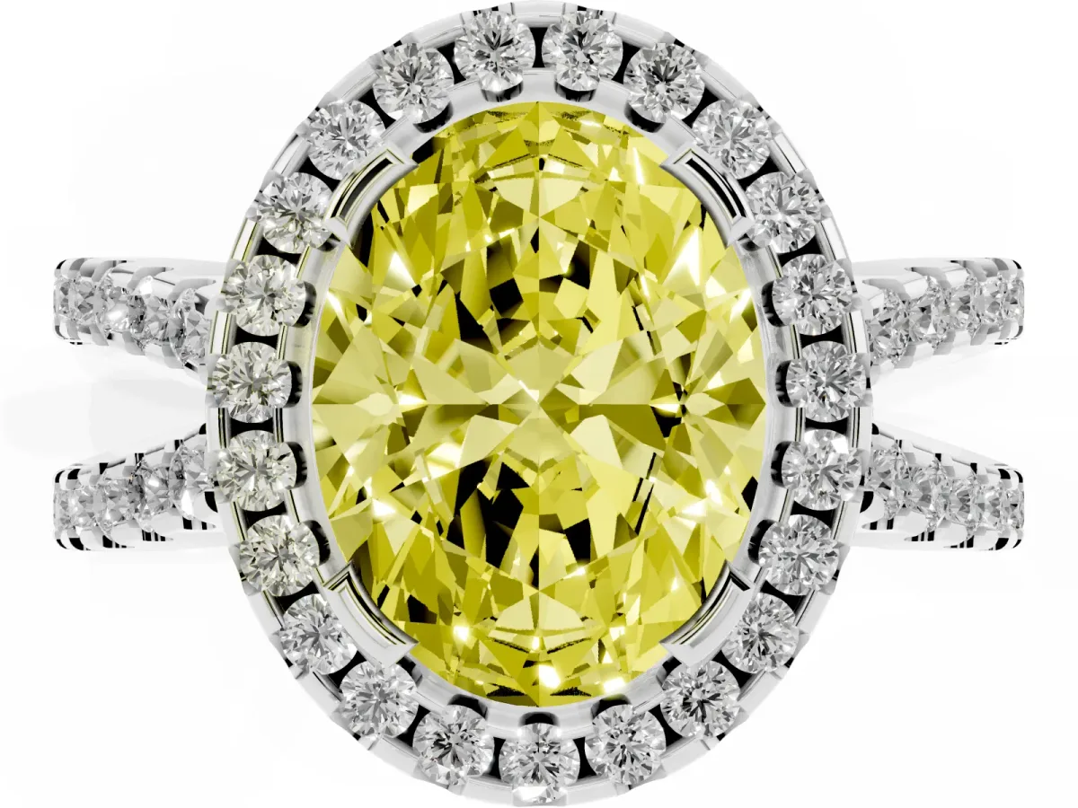 Fancy Yellow Oval Cut Diamond Halo Ring with Split Shank Pavé Band and Prong Setting Silver