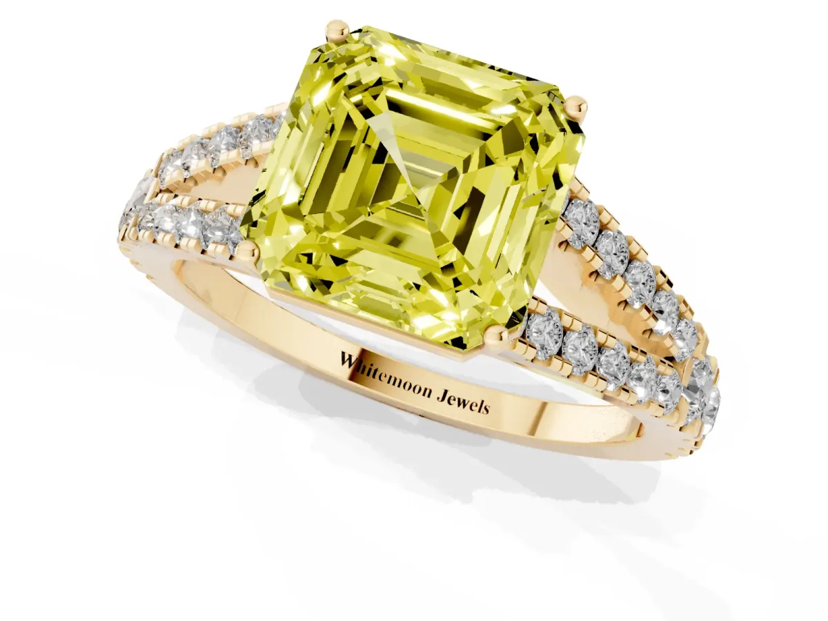 Fancy Yellow Asscher Cut Diamond Split Shank Engagement Ring with Round Pavé and Prong Setting Yellow gold