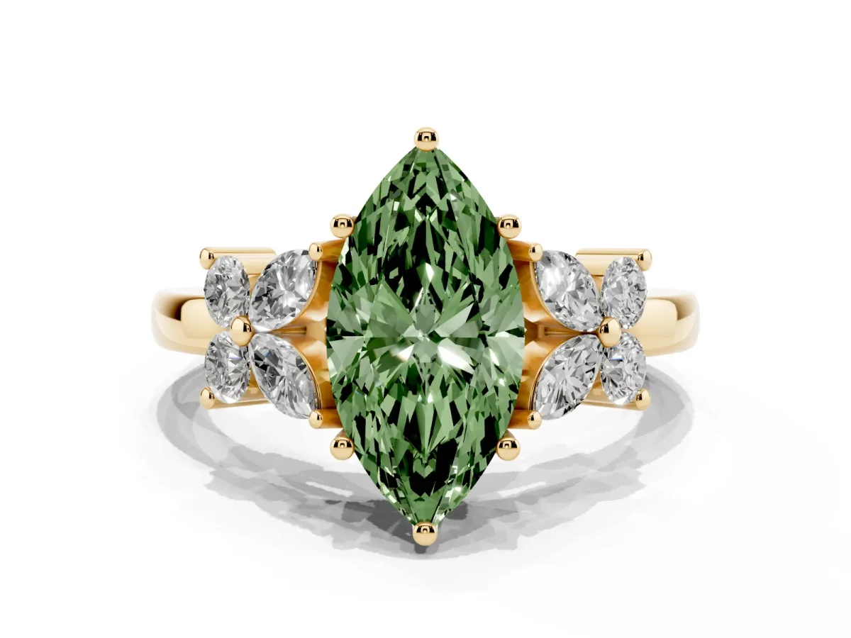 Fancy Green Marquise Cut Diamond Floral Cluster Ring with Solitaire Band and Prong Setting Yellow gold