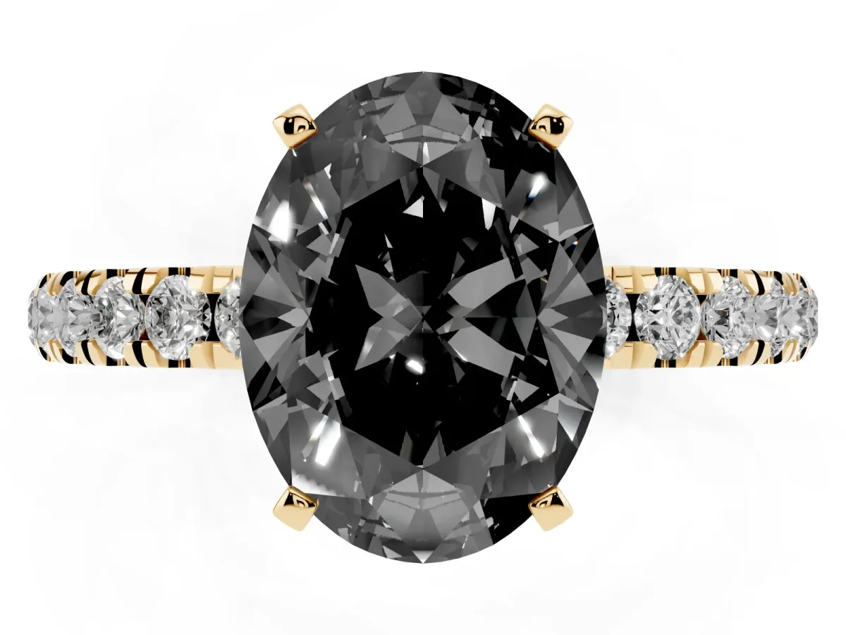 Fancy Black Oval Cut Diamond Solitaire Ring with Pavé Accents and Four-Prong Setting Yellow gold