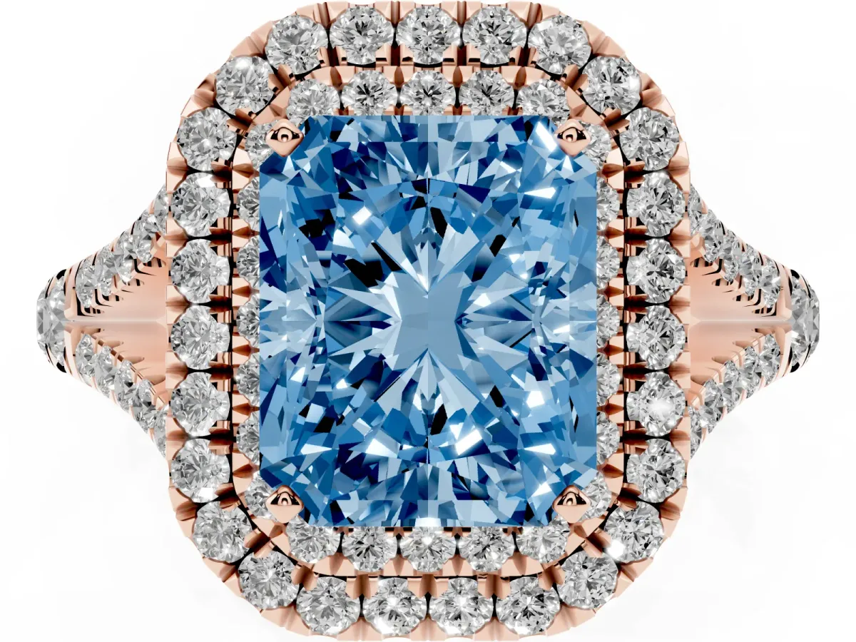Fancy Blue Radiant Cut Cut Double Halo Split Shank Diamond Ring with Prong Setting Rose gold