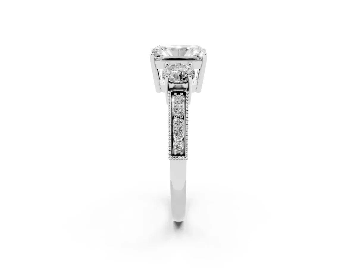 Radiant Cut Three-Stone Diamond Ring with Pavé Band and Four-Prong Setting Platinum