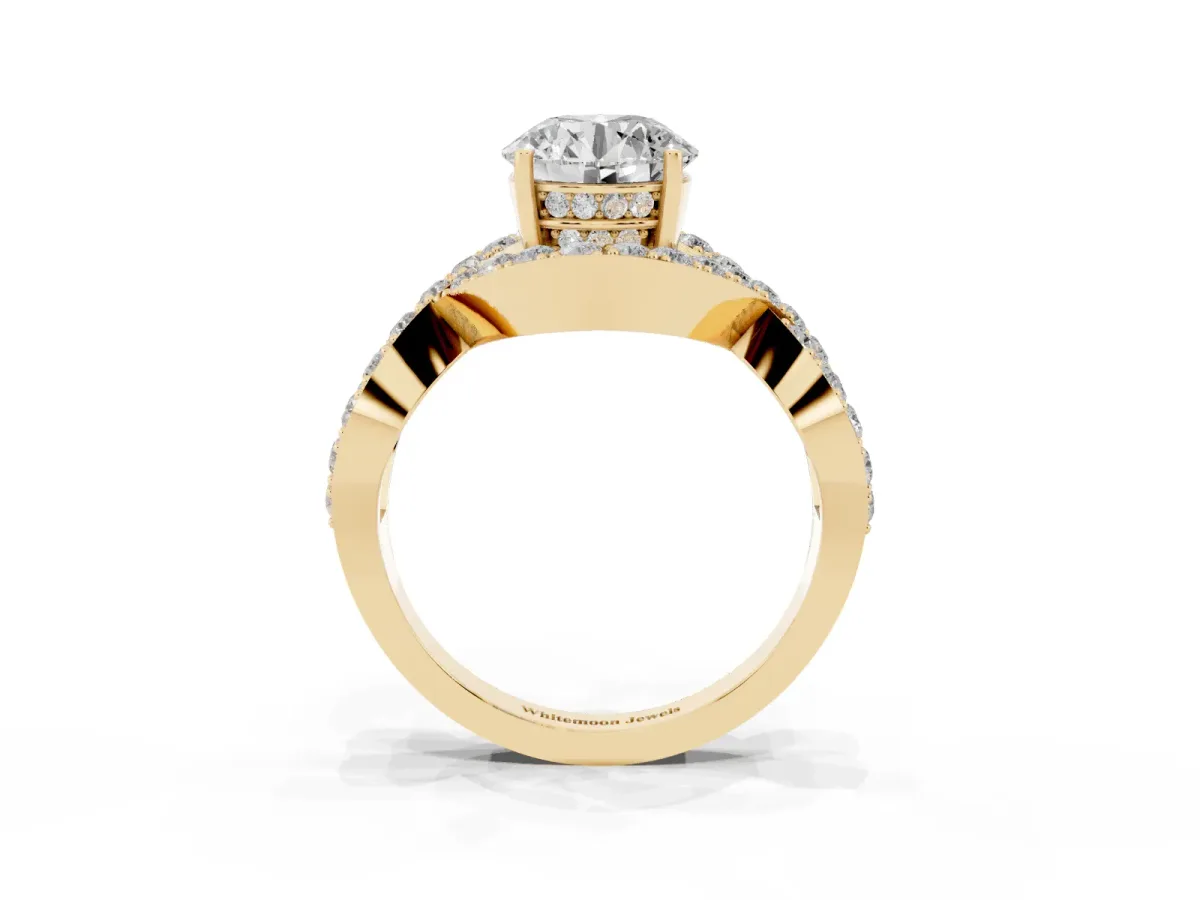 Round Cut Solitaire Twist Band Pavé Diamond Engagement Ring Yellow gold