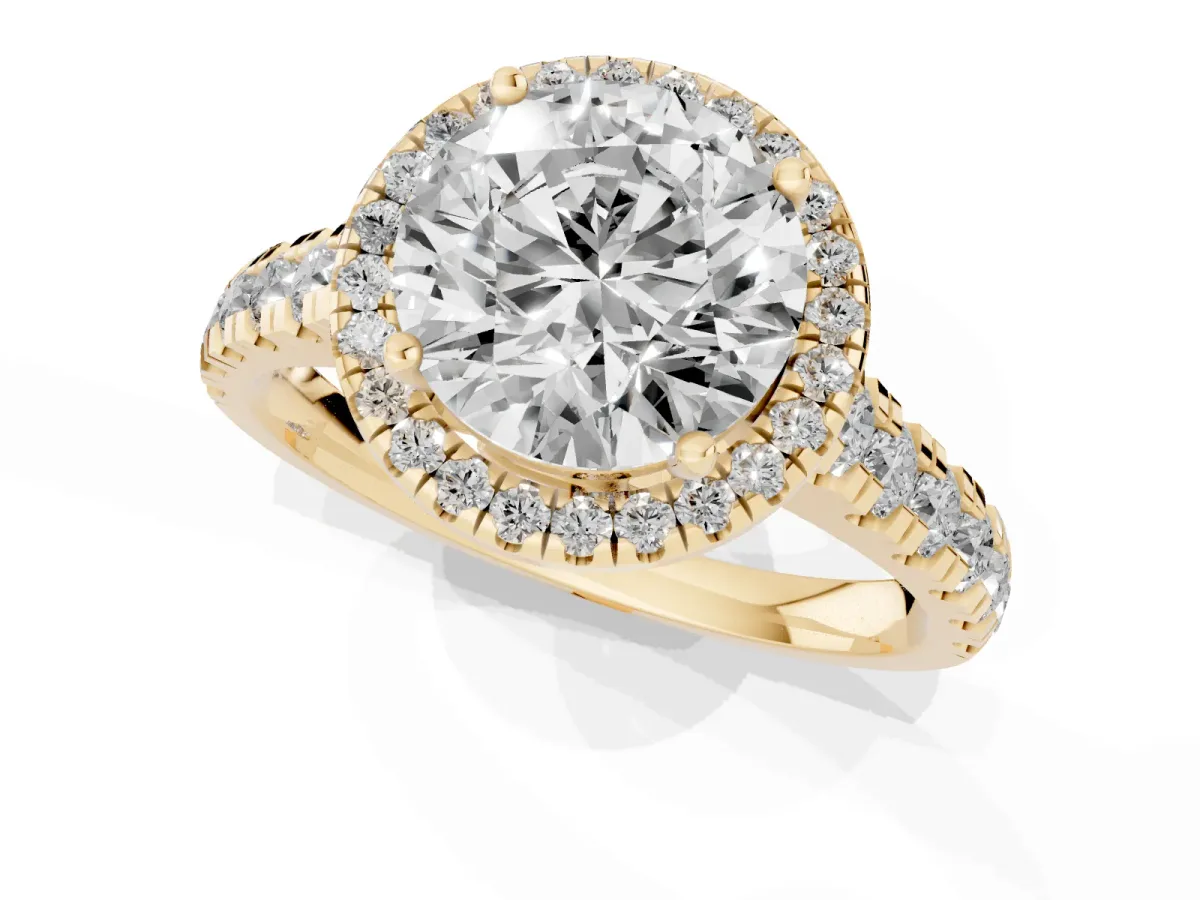 Round Cut Halo Pavé Diamond Engagement Ring with Four-Prong Setting Yellow gold