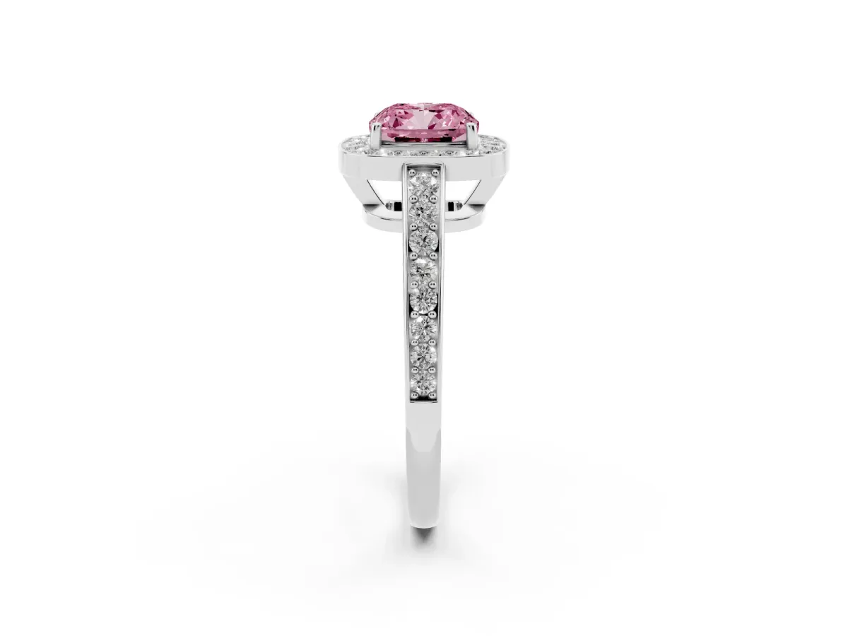 Fancy Pink Cushion Cut Halo Pavé Diamond Engagement Ring with Bezel Setting Silver