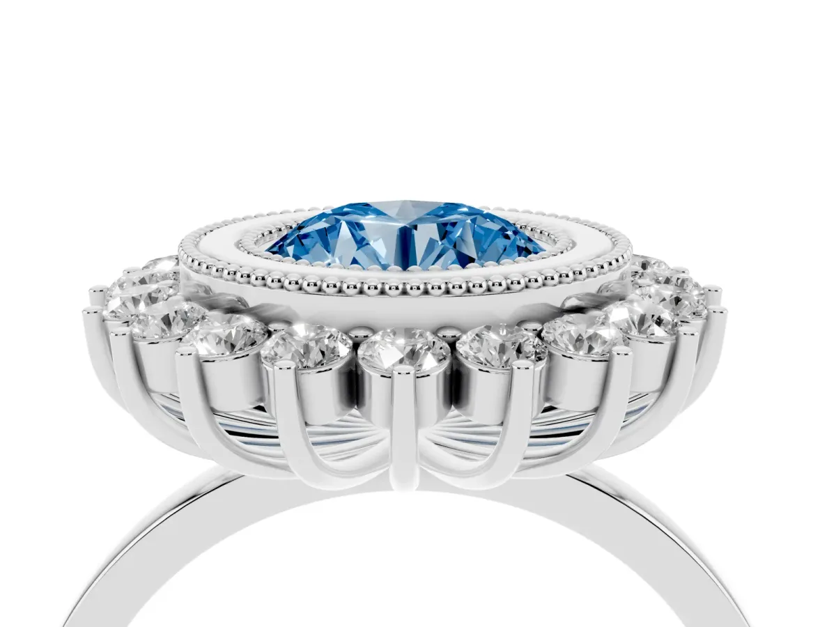 Fancy Blue Round Cut Halo Diamond Ring with Milgrain Edge and Round Prong Setting Silver