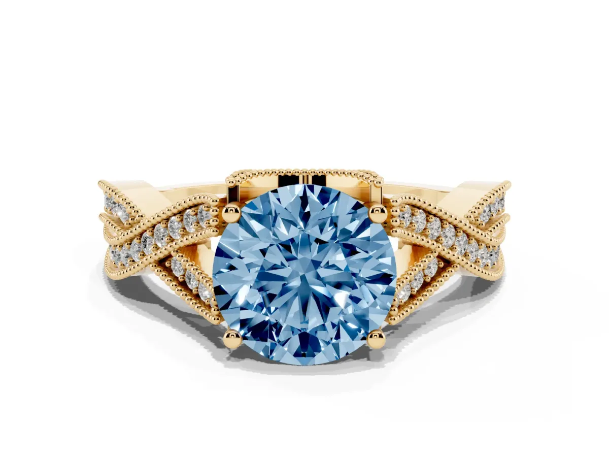 Fancy Blue Round Cut Cut Diamond Twisted Band with Milgrain Pave Setting and Four-Prong Setting Yellow gold
