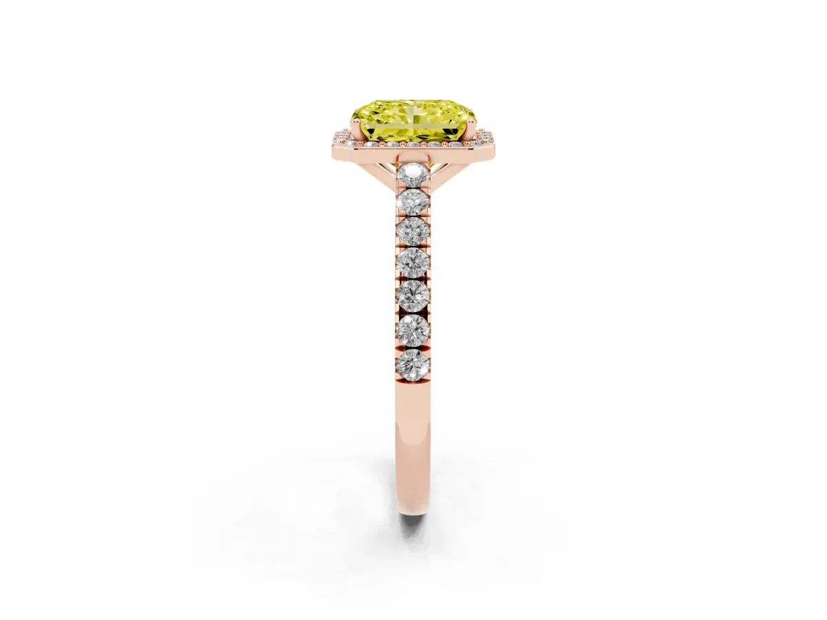 Fancy Yellow Radiant Cut Cut Halo Diamond Engagement Ring with Pave Band and Four-Prong Setting Rose gold