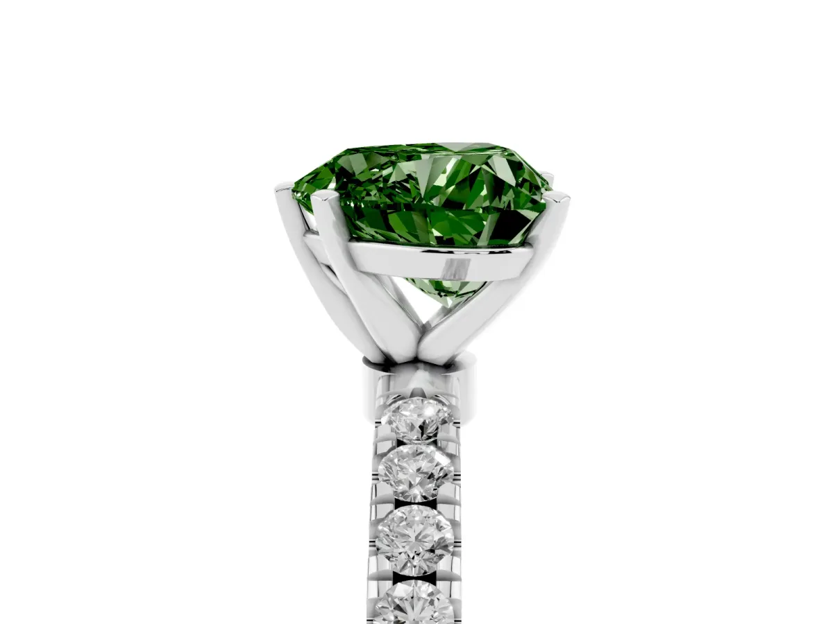 Fancy Green Heart Cut Diamond Solitaire Ring with Pavé Accents and Four-Prong Setting Platinum