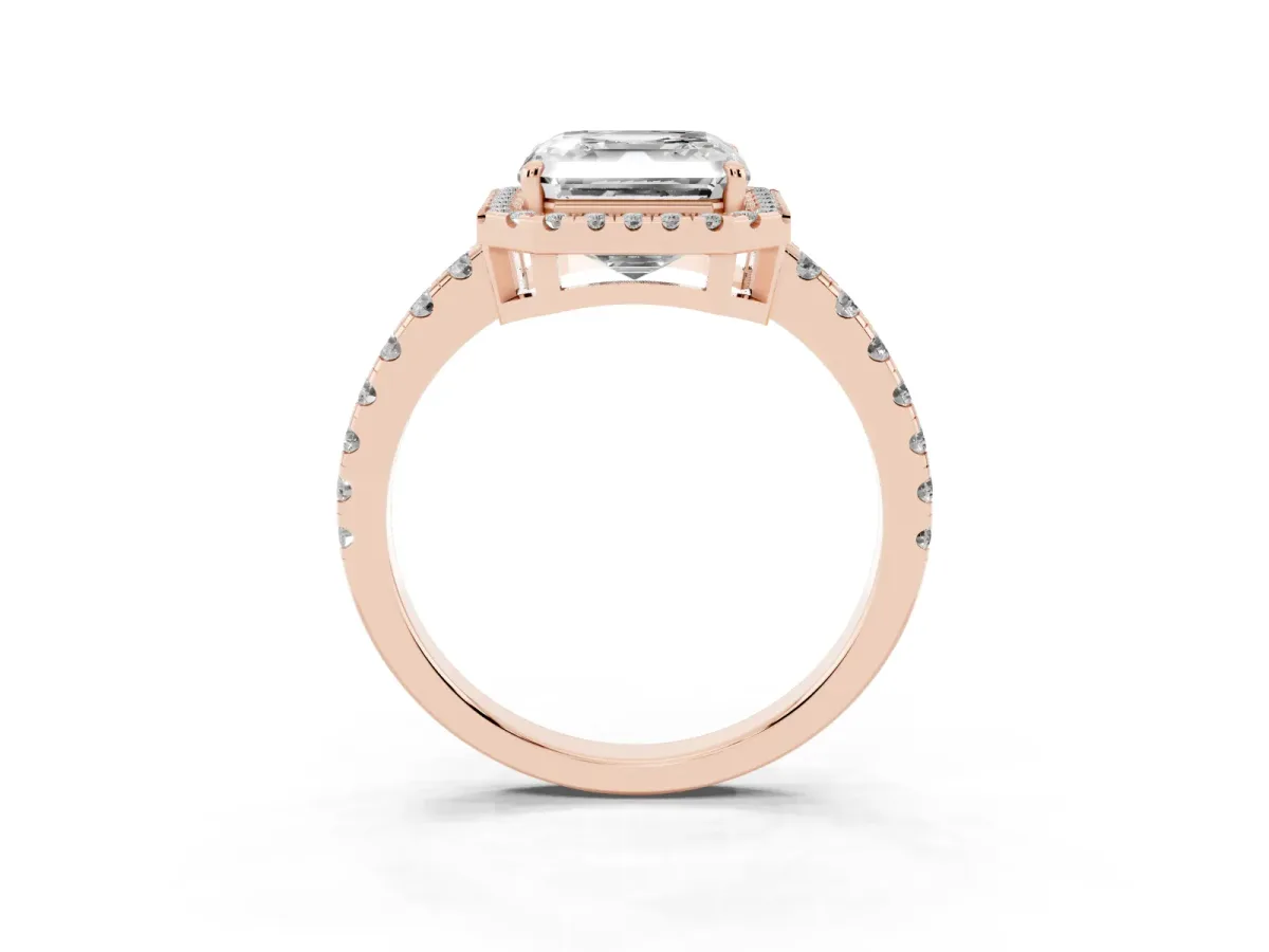 Asscher Cut Diamond Halo Ring with Pavé Band and Four-Prong Setting Rose gold