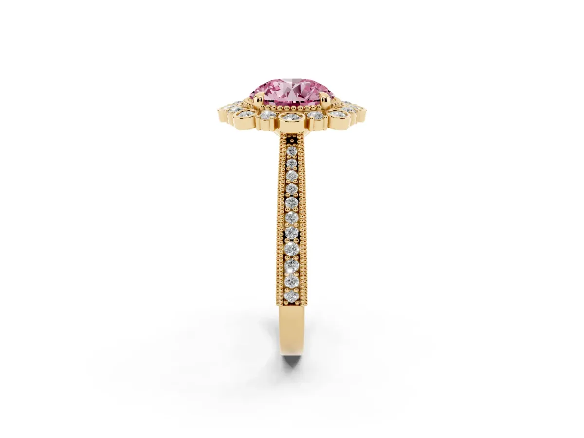 Fancy Pink Round Cut Halo Milgrain Pave Diamond Ring with Four-Prong Setting Yellow gold