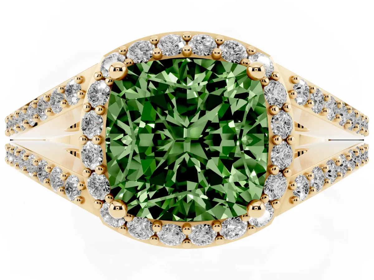 Fancy Green Cushion Cut Halo Split Shank Diamond Ring with Prong Setting Yellow gold
