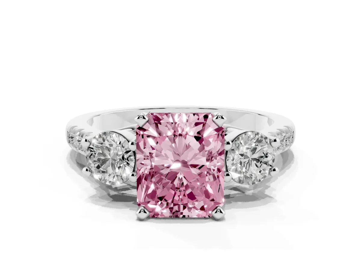 Fancy Pink Three-Stone Radiant Cut Diamond Pavé Band with Four-Prong Setting Silver