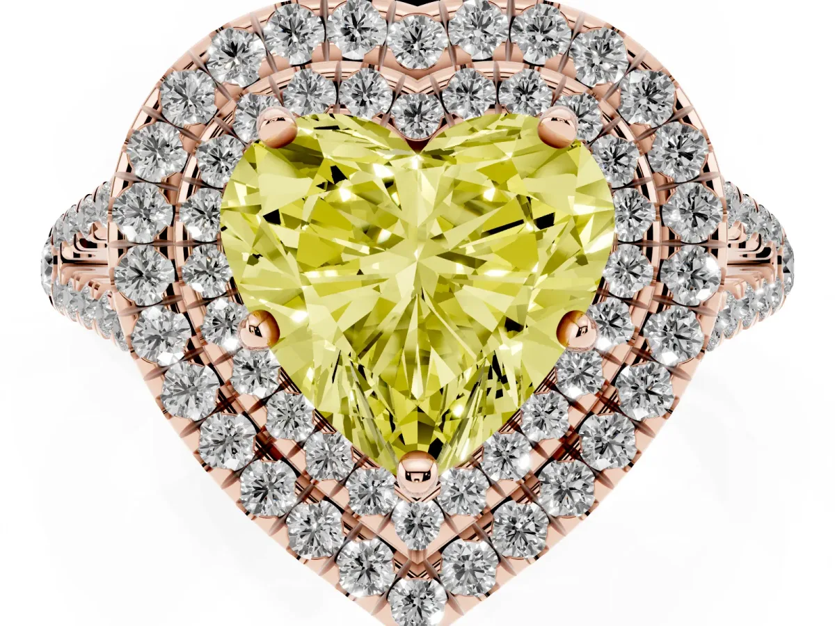 Fancy Yellow Heart Cut Diamond Double Halo Ring with Pavé Band and Prong Setting Rose gold