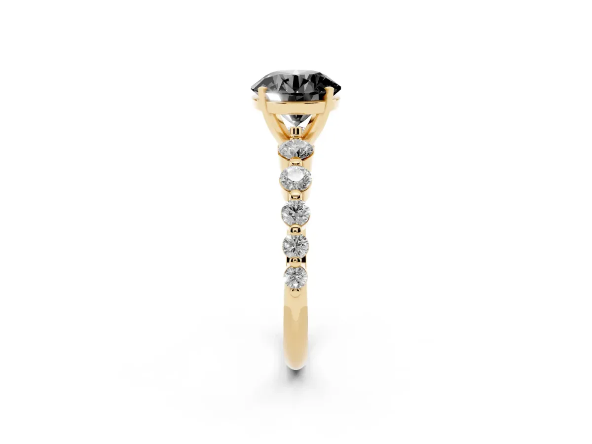 Fancy Black Round Cut Solitaire Diamond Ring with Pave Band and Four-Prong Setting Yellow gold
