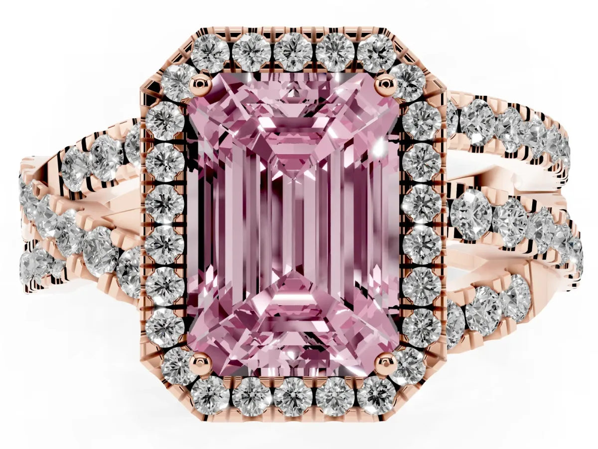 Fancy Pink Emerald Cut Diamond Halo Ring with Round Split Shank and Prong Setting Rose gold