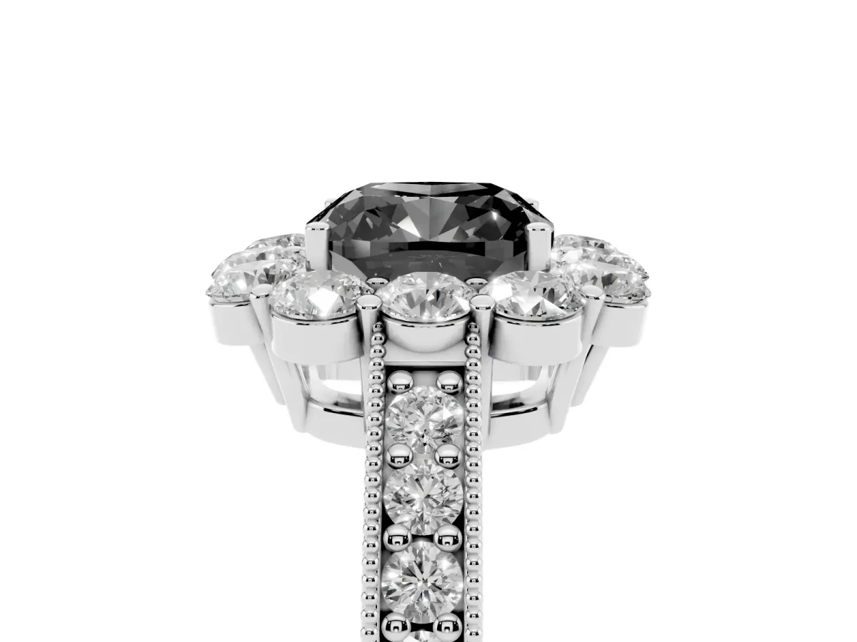 Fancy Black Cushion Cut Cut Halo Diamond Pavé Engagement Ring with Milgrain Detailing Platinum