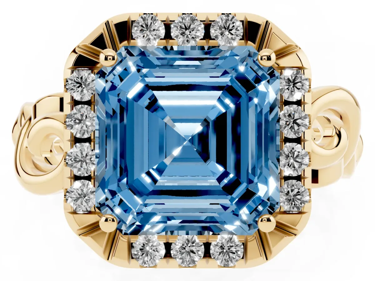 Fancy Blue Asscher Cut Cut Halo Diamond Ring with Scrollwork Band and Four-Prong Setting Yellow gold