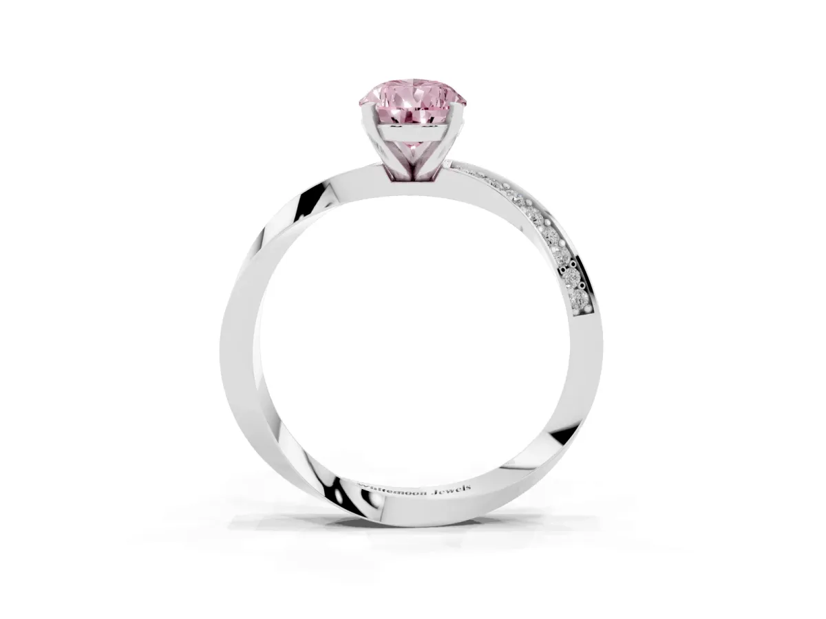 Fancy Pink Pear Cut Diamond Engagement Ring with Side Stone Accents and Four-Prong Setting Silver