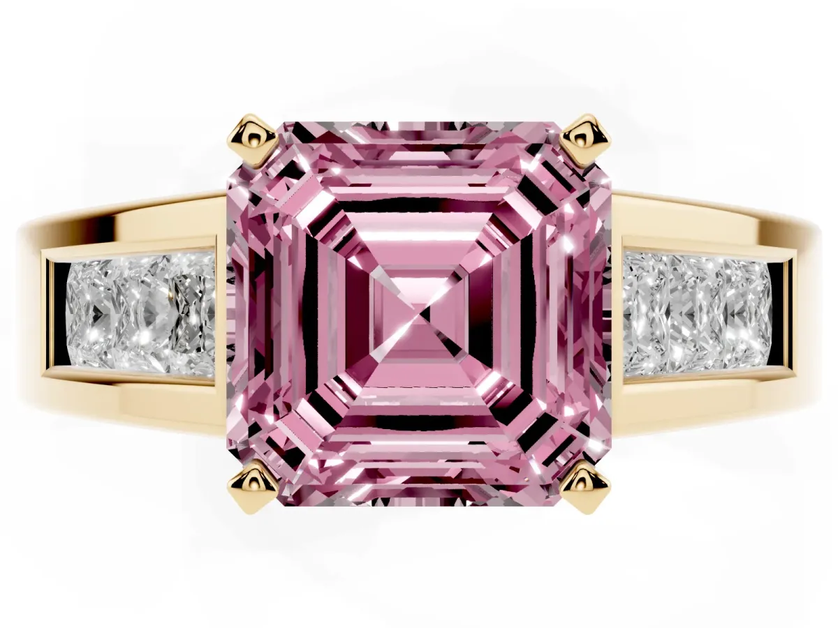 Fancy Pink Asscher Cut Cut Channel Set Solitaire Ring with Four-Prong Setting Yellow gold